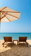 Beach Photo With Wooden Chairs Under Umbrella on Sunny Blue Day