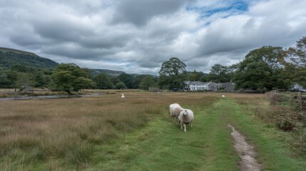 Fototapeta premium Serene Landscape with Sheep Grazing in a Tranquil Meadow Under a Cloudy Sky Near a Rustic Home