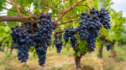Naklejka premium Dark purple grapes hanging on the vine 