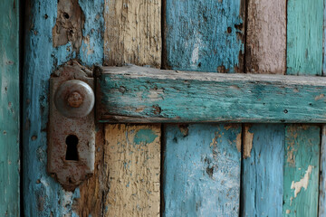 Close-up view of weathered wooden door with aged hardware.