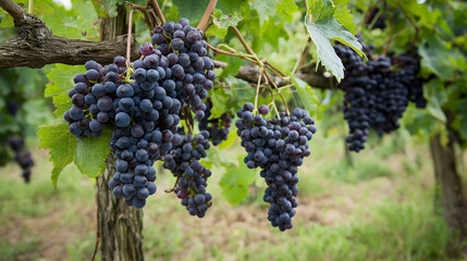 Fototapeta premium Dark purple grapes hanging on the vine 