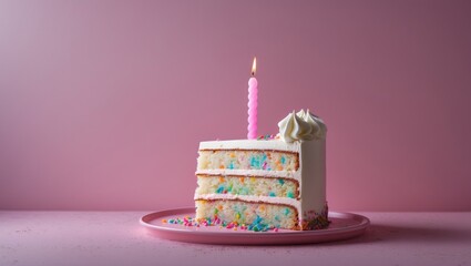 Delicious vanilla cake piece topped with a candle against a bright pink background