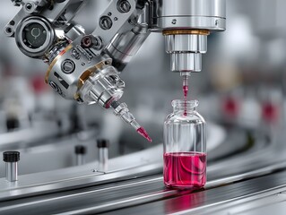 A robotic arm precisely fills a small glass vial with vibrant pink liquid in a sterile automated pharmaceutical manufactu facility.