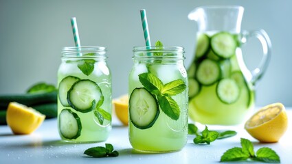 Fototapeta premium Cool cucumber and mint lemonade in mason jars perfect for summer refreshment on a light backdrop