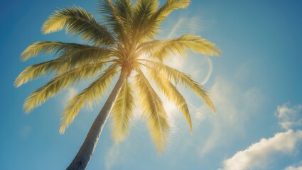 A warm sun illuminating a palm tree against a bright blue sky, with glowing palm fronds reaching towards the sun