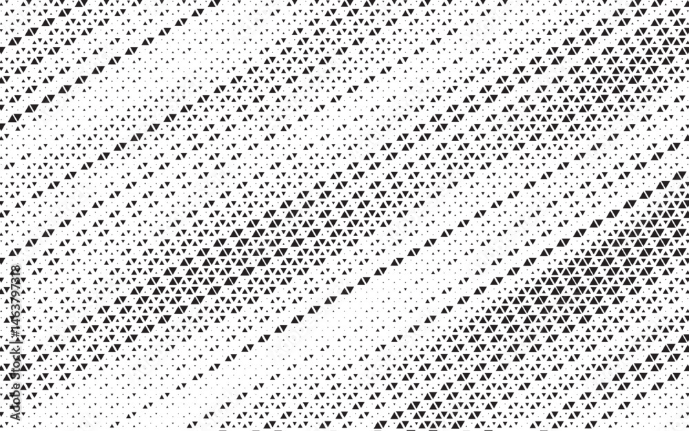Poster Triangular halftone texture retro wave vector. Geometric technology abstract diagonal dotted background. Half tone triangles retro comic pattern. Minimal 80s style dynamic tech structure wallpaper.	