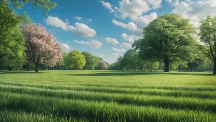 Beautiful natural scene featuring a peaceful meadow, trees, and a bright blue sky