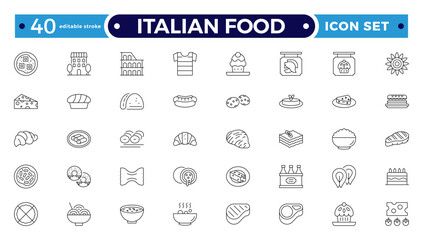 fast food outline icons. Fast food vector icon line set. Burger sandwich pizza hot dog cola coffee sweets. Italian Food icon. Editable stroke outline icon.
