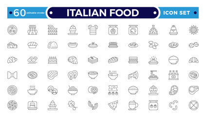 fast food outline icons. Fast food vector icon line set. Burger sandwich pizza hot dog cola coffee sweets. Italian Food icon. Editable stroke outline icon.

