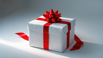 Isolated white present box adorned with a pink bow against a holiday backdrop