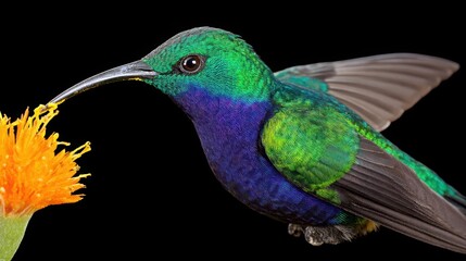 Obraz premium Colorful Hummingbird Hovering Near Vibrant Flower on Dark Background