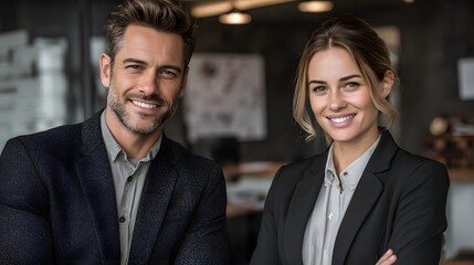 Confident Duo: Two professional individuals pose confidently in a well-lit office environment, radiating a blend of business acumen, charm, and approachability.
