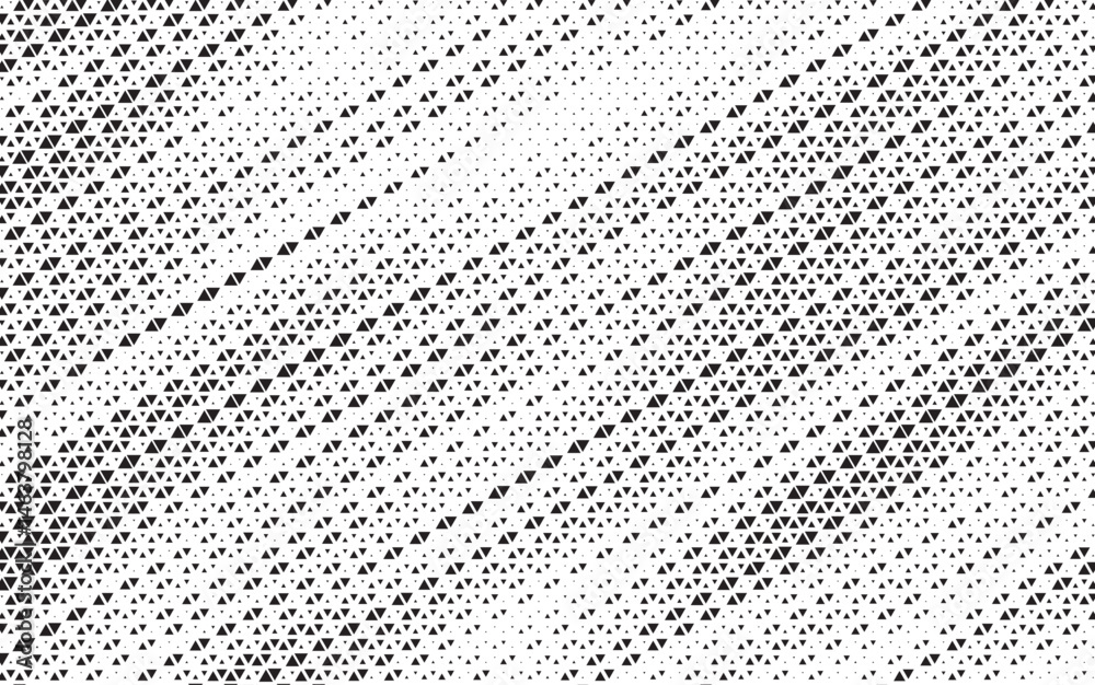 Aufkleber Triangular halftone texture retro wave vector. Geometric technology abstract diagonal dotted background. Half tone triangles retro comic pattern. Minimal 80s style dynamic tech structure wallpaper.