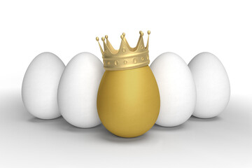 Golden Egg with a Crown Standing Out Among White Eggs