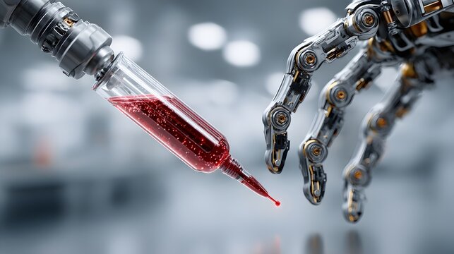 A robotic hand precisely fills a glass sye with a viscous red liquid in a sterile laboratory setting.