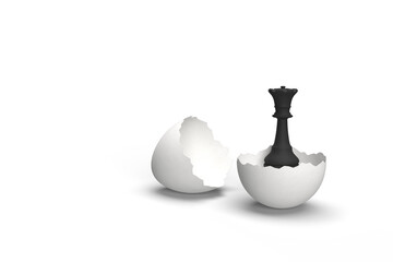 Black Chess Queen Emerging from a Cracked Egg Representing Strategy and Leadership