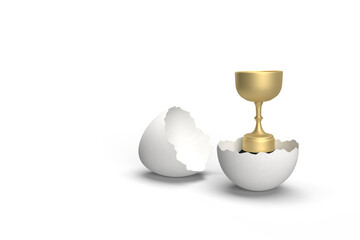 Golden Trophy Emerging from a Cracked Egg Representing Victory and Success