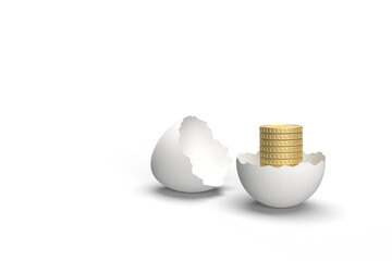 Stack of Gold Coins Emerging from a Cracked Egg Symbolizing Financial Growth