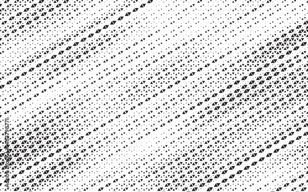 Aufkleber Triangular halftone texture retro wave vector. Geometric technology abstract diagonal dotted background. Half tone triangles retro comic pattern. Minimal 80s style dynamic tech structure wallpaper.