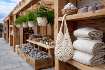 A cozy market display featuring wooden shelves filled with natural products, plants, and beautifully arranged textiles, creating an inviting shopping experience.