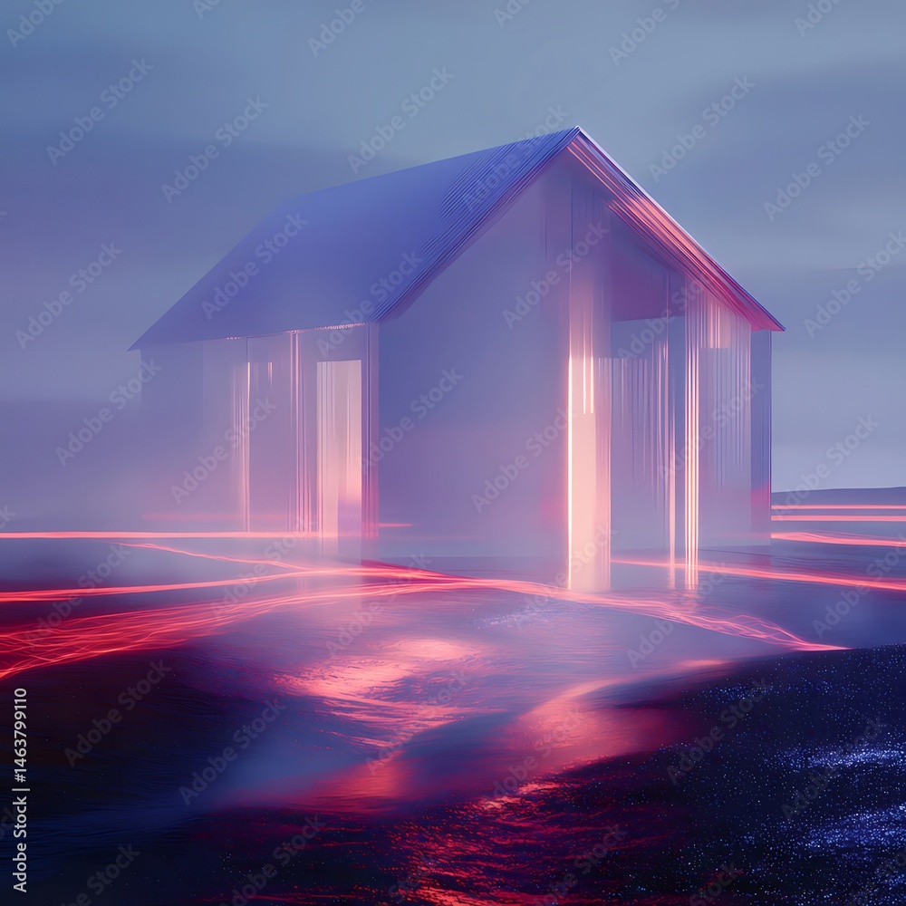 Poster 紫と赤の光が溢れる霧の中の神秘的な家 屋外のフィールドに佇むミニマルな建築構造 夜の静けさを表現した抽象的な背景アート