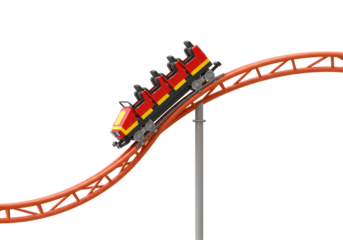 Isolated Red and Yellow Roller Coaster Ascending a Steel Track