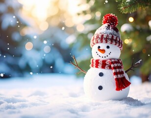 Fototapeta premium A cheerful snowman wearing a striped scarf and hat stands in a snowy landscape, surrounded by twinkling lights and falling snowflakes