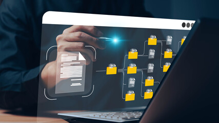 Conceptual image representing a digital data management system, network, or cloud computing service, with holographic documents and a folder displayed above a hand.