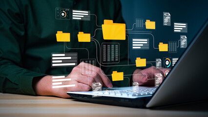 Conceptual image representing a digital data management system, network, or cloud computing...