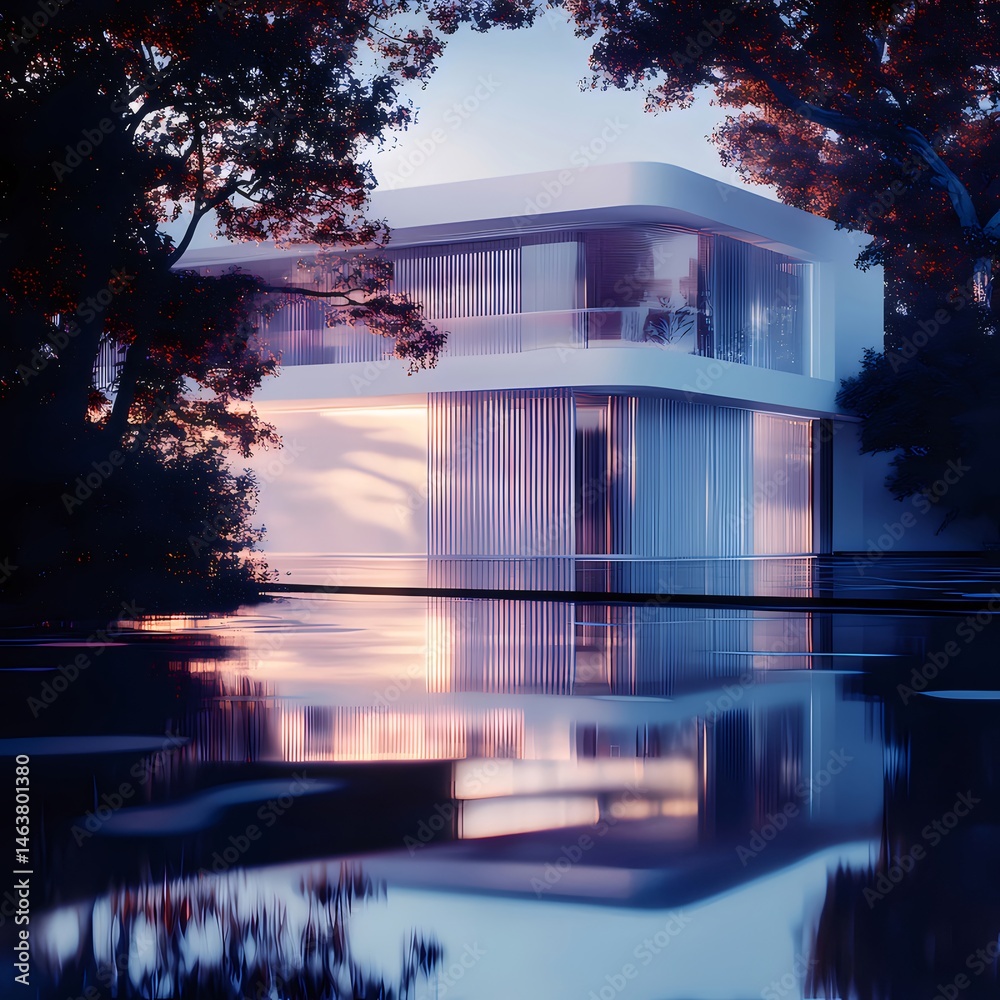 Poster 水面に反射するモダンな白いキューブ住宅 赤い木のアクセントと夕暮れ時の美しい照明が特徴