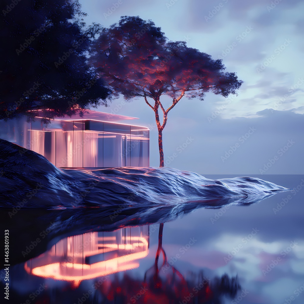 Poster 輝く木の反射と水辺の抽象的な建築を持つ現代的な海の夜の風景