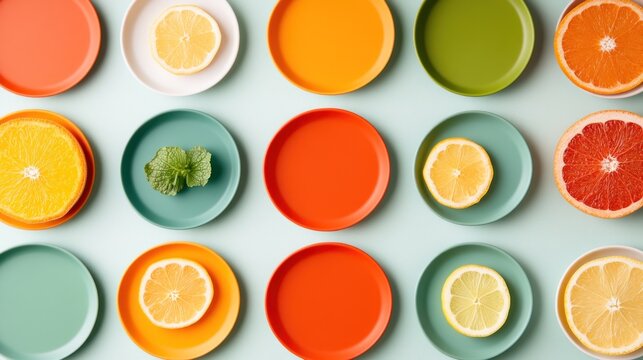 Vibrant citrus fruit slices on colorful plates overhead flatlay