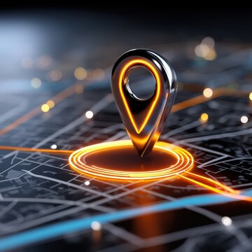 Futuristic location pin on digital map with glowing lines.