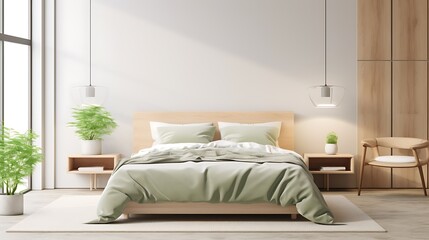 Modern bedroom with large-format e slabs, soft natural textures, sage green plant d?(C)cor, minimalist pendant lamp, 3d render