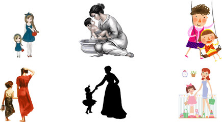 Playful Mother with Children Graphics Set
