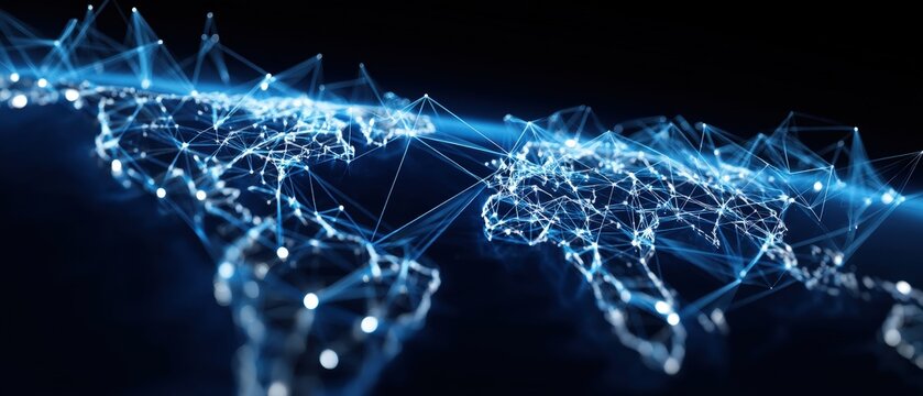 Digital world map with glowing network connections.