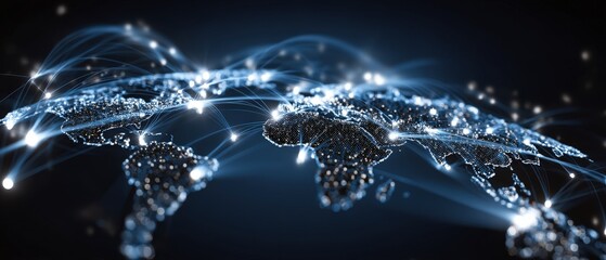Glowing digital world map with network connections.