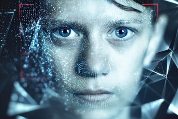 Close-up of a digital face scan illustration.