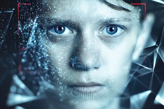 Close-up of a digital face scan illustration.