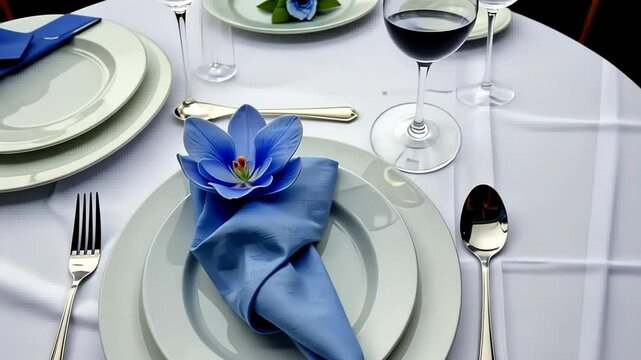Elegant table setting with blue napkin and floral decoration  