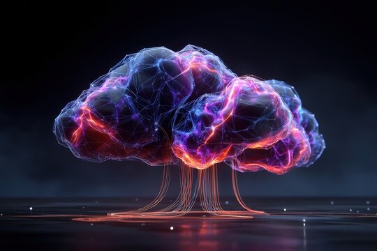 Futuristic digital cloud with glowing neon network.
