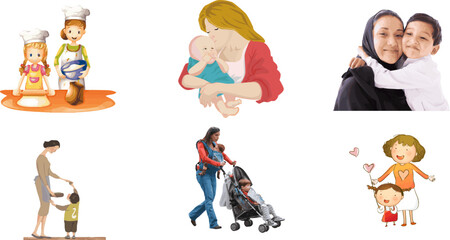 Mother and Child Activities Vector Art: Cooking, Breastfeeding, Walking

