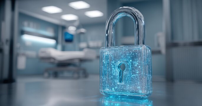 Digital padlock symbolizing cybersecurity in a modern hospital setting.