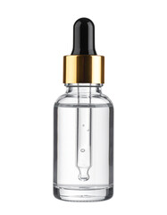 Clear glass dropper bottle with a black and gold cap, commonly used for skincare serums or essential oils.
