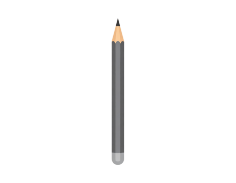 A sharpened gray pencil with a black tip and silver eraser end, shown vertically.