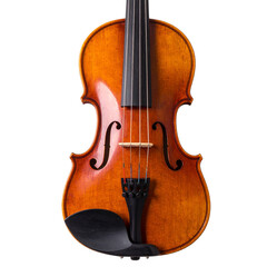 Classic wooden violin with strings, f-holes, and chinrest, showcasing elegant craftsmanship.