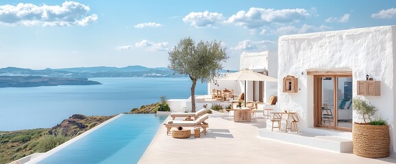 Luxury Greek villa with infinity pool, olive tree, ocean view, and sunny outdoor seating