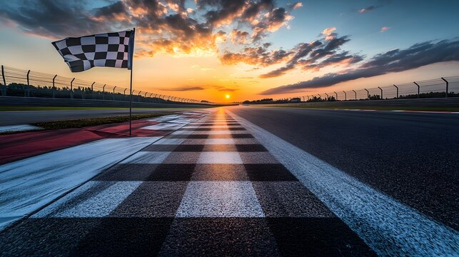 Checkered finish line at sunset on a race track.