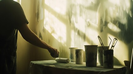 Artist Working in a Sunlit Studio with Painting Tools