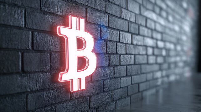 Bitcoin Neon Sign on Brick Wall bitcoin neon sign cryptocurrency crypto blockchain finance money ai